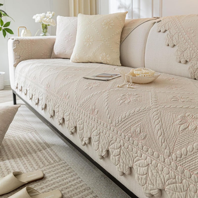 XSlive Cotton Quilted Dog Couch Cover for Sofa Farmhouse Rustic Embroidery Sectional Couch Cover Soft Anti-Slip Sofa Slipcover Furniture Protector for Kids, Pets (Khaki,28"x28") - Image 1